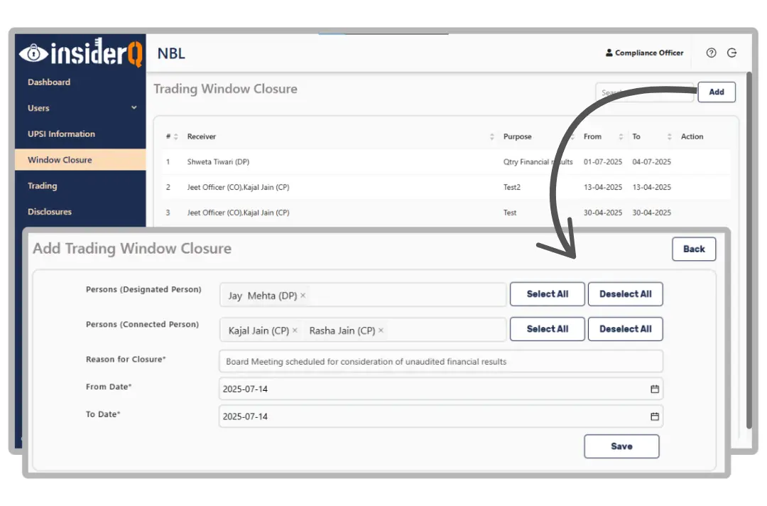 Trading Window closure:Efficiently manage trading windows with real-time alerts and automatic tracking-Sdd software InsiderQ