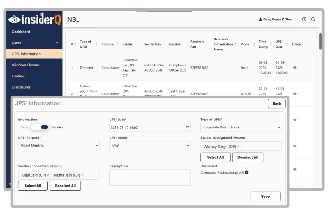 UPSI tracking -Track and manage Unpublished Price Sensitive Information with detailed reporting and compliance insights.